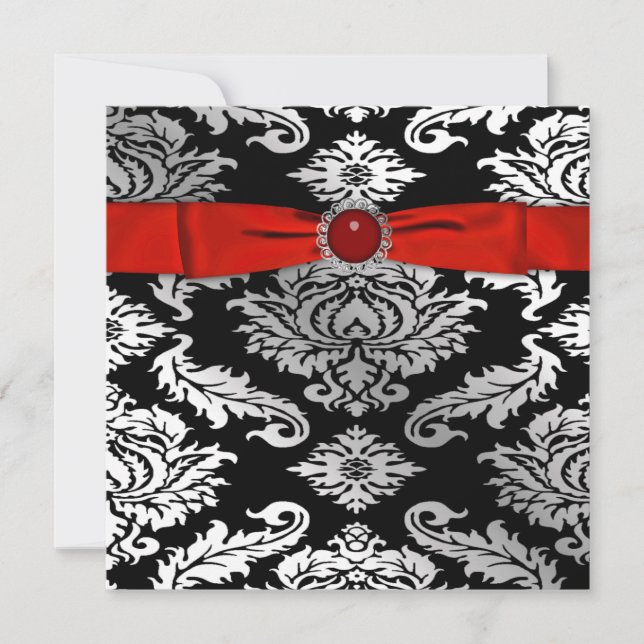 Red Black Tie Black Damask Party Invitation (Front)