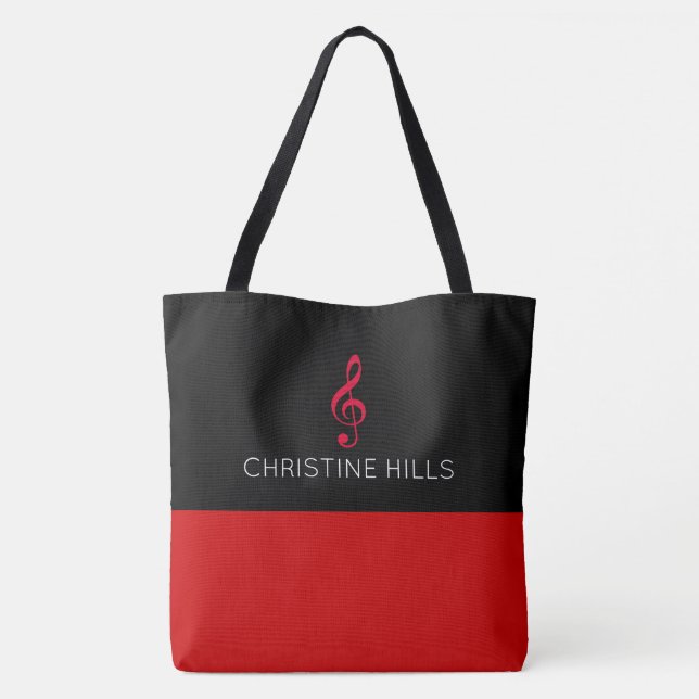 red / black tote bag with name + musical note (Back)