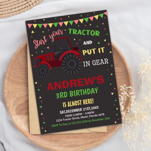 Red Black Tractor Birthday Invitations