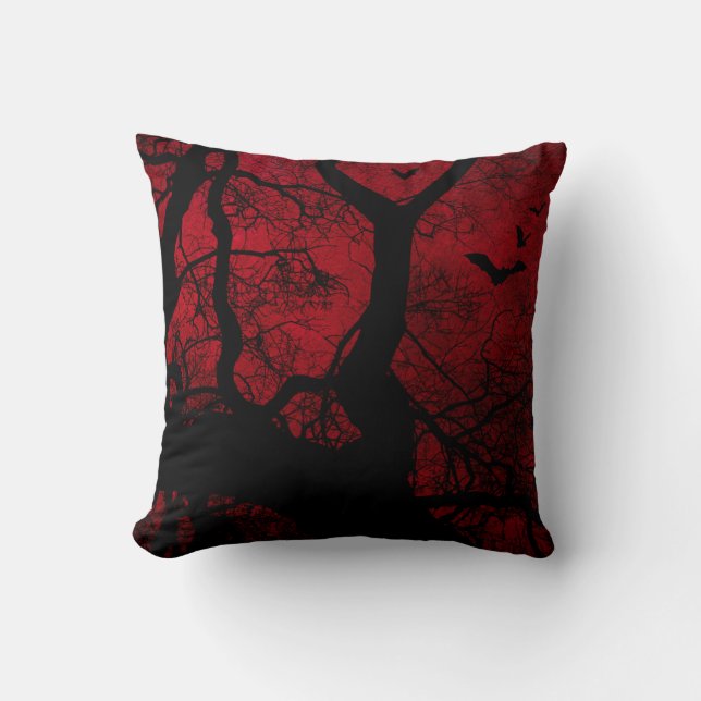 Red & Black Tree and Bats Silhouettes Throw Pillow (Front)