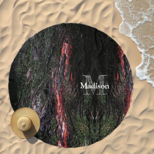 Red black tree mossy wood bark cool Monogram Beach Towel