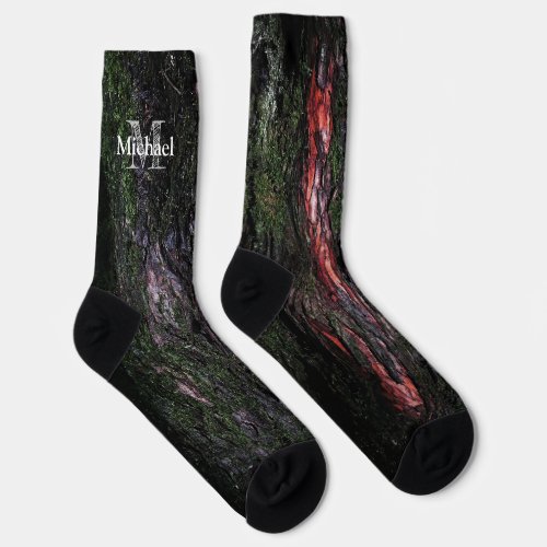 Red black tree mossy wood bark cool Monogram Socks