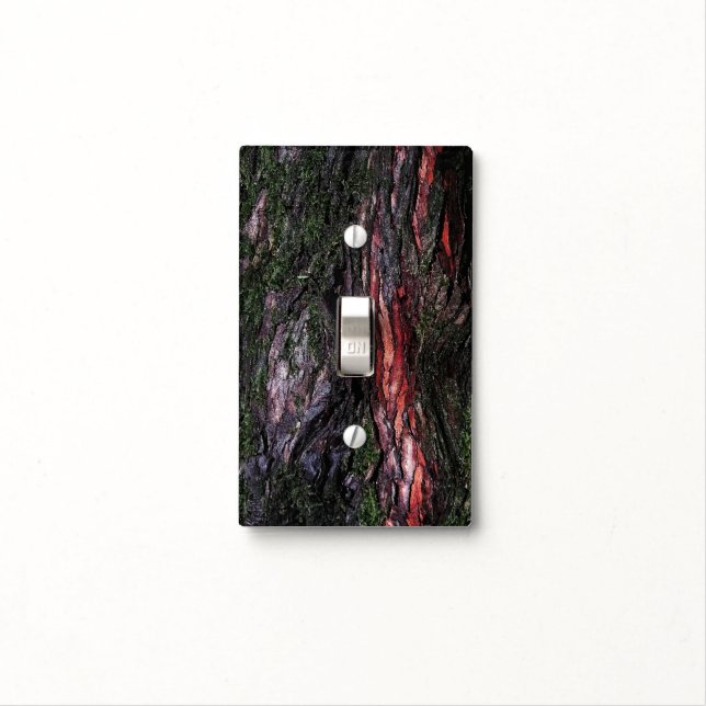 Red black tree mossy wood bark light switch cover (In Situ)