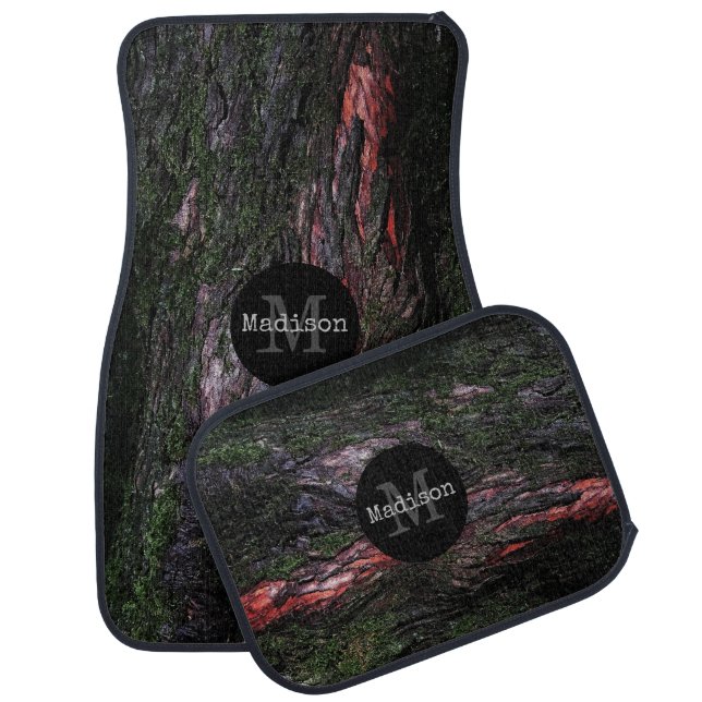 Red black tree mossy wood bark Monogram Car Floor Mat (Set)