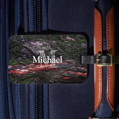 Red black tree mossy wood bark Monogram Luggage Tag