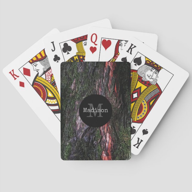 Red black tree mossy wood bark Monogram Poker Cards (Back)