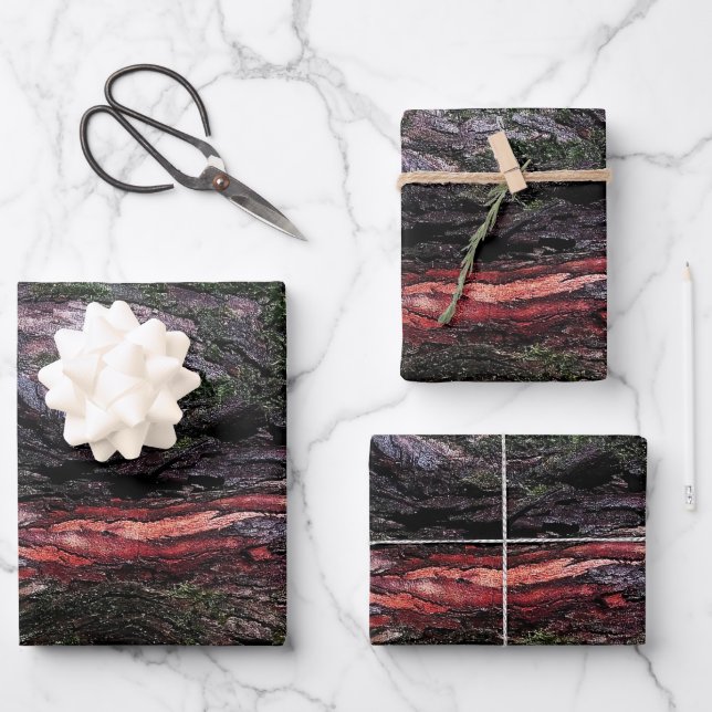 Red black tree mossy wood bark wrapping paper sheets (Front)