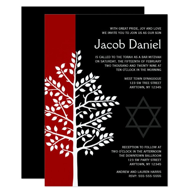 Red Black Tree Of Life Bar Mitzvah Invitations