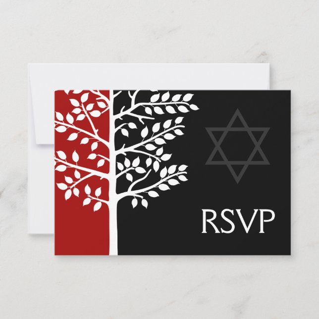 Red Black Tree of Life Bar Mitzvah RSVP Card (Front)