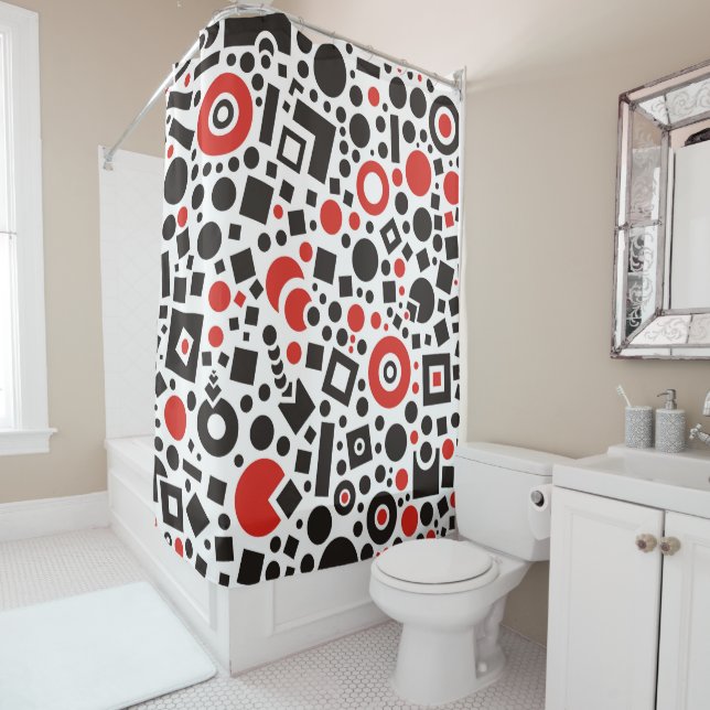 Red & Black Trendy Modern Art Deco Shower Curtain (In Situ)