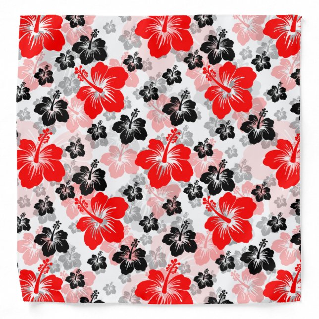 Red Black Tropical Hibiscus Floral Print  Bandana (Front)