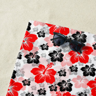 Red Black Tropical Hibiscus Floral Print  Beach Towel