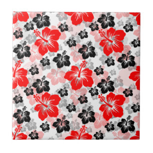 Red Black Tropical Hibiscus Floral Print Ceramic Tile