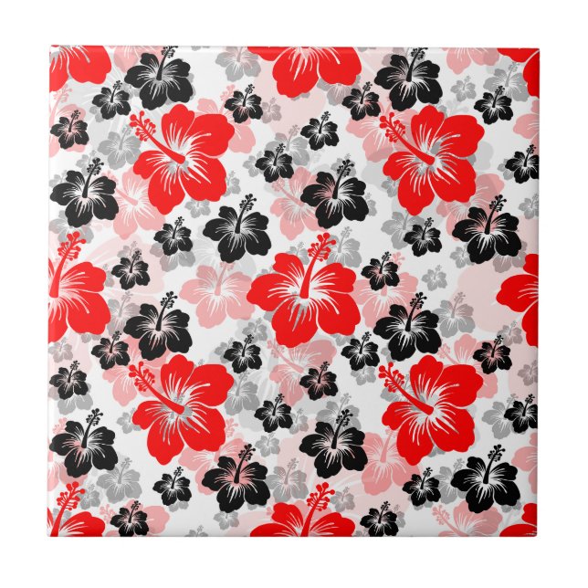 Red Black Tropical Hibiscus Floral Print  Ceramic Tile (Front)