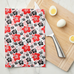 Red Black Tropical Hibiscus Floral Print Kitchen Towel