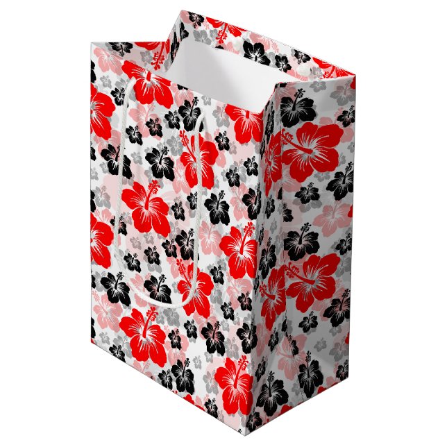Red Black Tropical Hibiscus Floral Print  Medium Gift Bag (Front Angled)