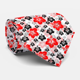 Red Black Tropical Hibiscus Floral Print  Neck Tie