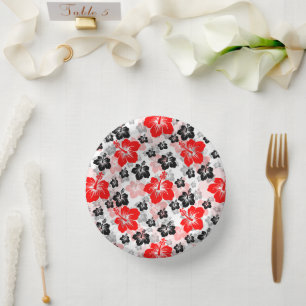 Red Black Tropical Hibiscus Floral Print Paper Bowls