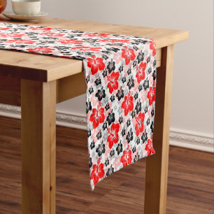 Red Black Tropical Hibiscus Floral Print  Short Table Runner