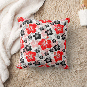 Red Black Tropical Hibiscus Floral Print Throw Pillow