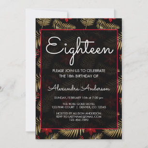 Red & Black Tropical Leaf 18th Birthday Party Invitation