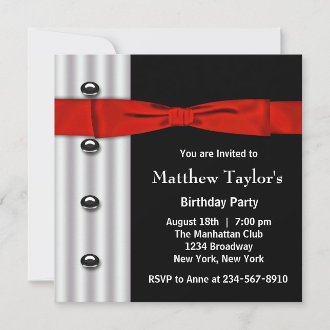 Red Black Tuxedo Bow Tie Mens Birthday Party Invit Invitation (Front)