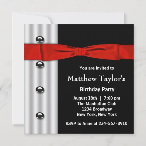 Red Black Tuxedo Bow Tie Mens Birthday Party Invit Custom Invitations