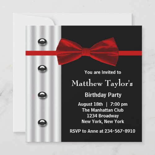 Red Black Tuxedo Bow Tie Mens Birthday Party Invitation