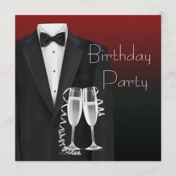 Red Black Tuxedo Mans Birthday Party Invitations by Champagne_N_Caviar at Zazzle