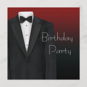 Red Black Tuxedo Mans Birthday Party Invitations