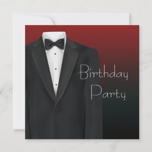 Red Black Tuxedo Mans Birthday Party Invitations