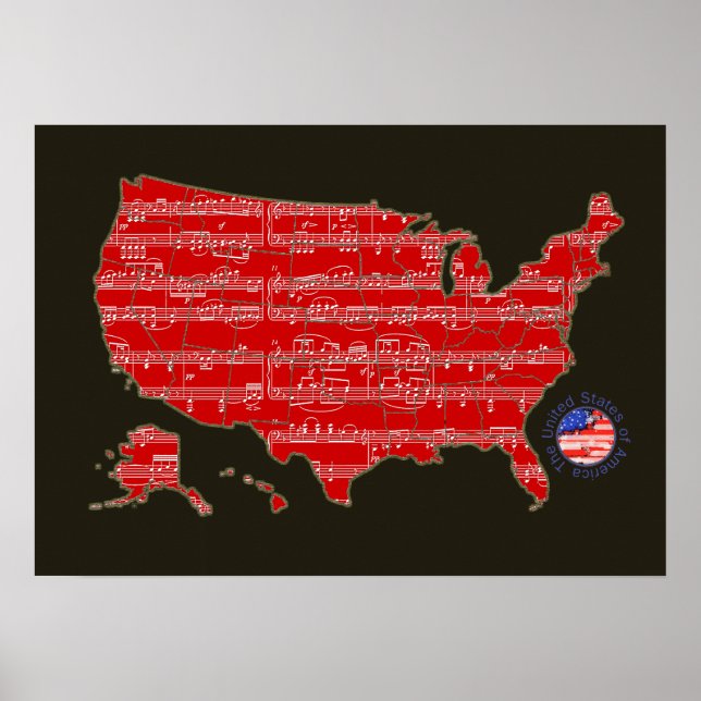 red/black u.s.a. music-notes map poster (Front)