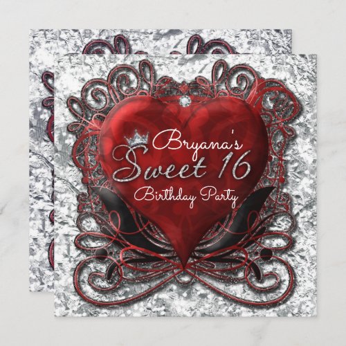 Red  Black Valentine Heart Foil Look Sweet 16 Invitation