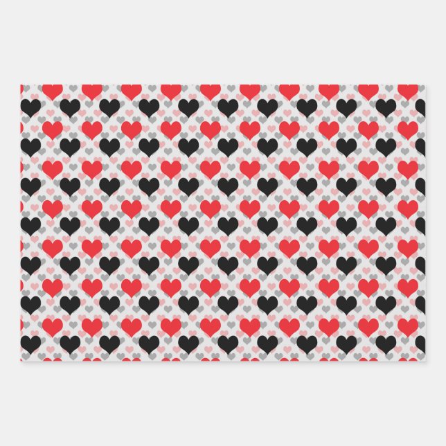 Red Black Valentine Love Hearts Wrapping Paper Sheets (Front)