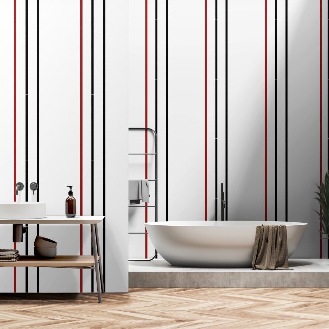Red Black Vertical Stripe White  Wallpaper (Bathroom)