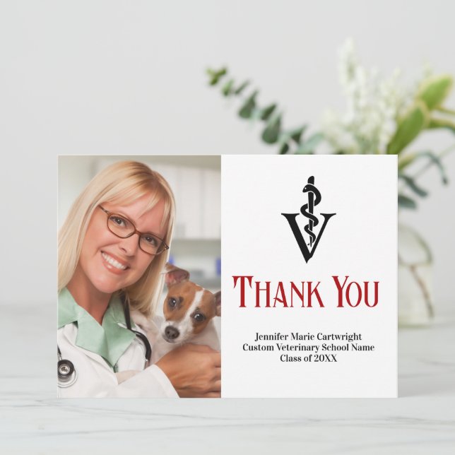 Red Black Veterinarian Office Photo Customizable Thank You Card (Standing Front)