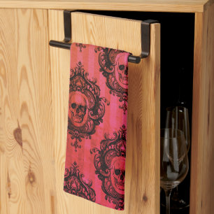 Red & Black Victorian Skulls Pattern Halloween Kitchen Towel