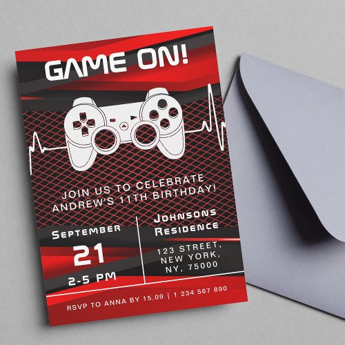 Red  Black Video Game Gaming Kids Birthday Party Invitation