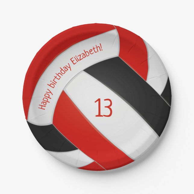 red black volleyball girls boys sports birthday paper plates (Front)