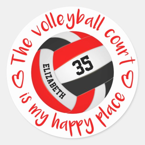 red black volleyball happy place girly typography classic round sticker