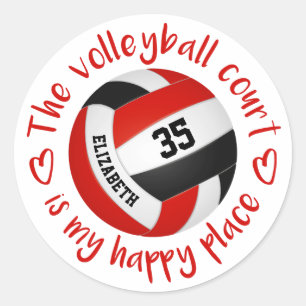 red black volleyball happy place girly typography classic round sticker