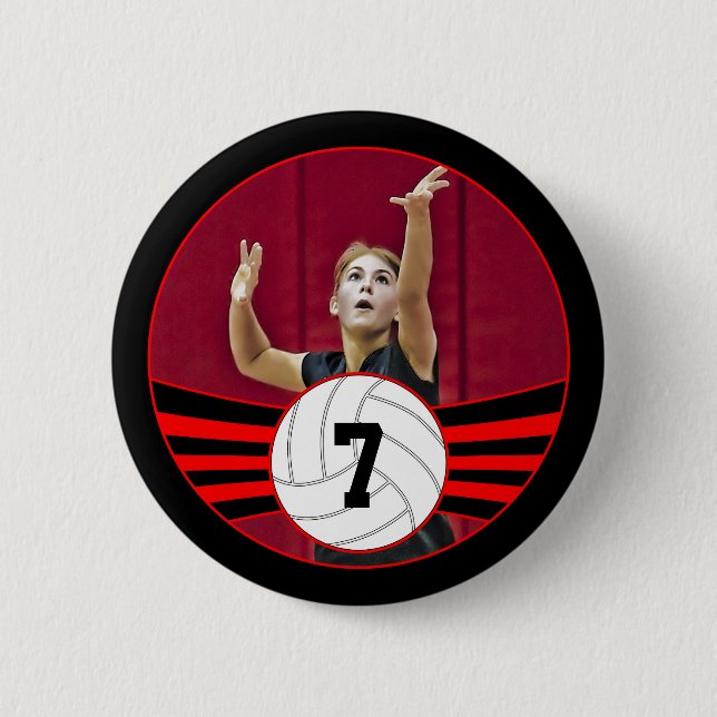 Red & Black Volleyball Photo & Jersey Number Button (Front)