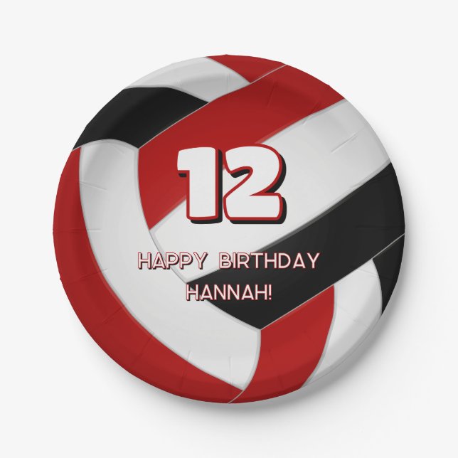 red black volleyballs birthday or team party paper plates (Front)