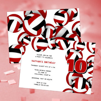 red black volleyballs boys girls birthday party invitation