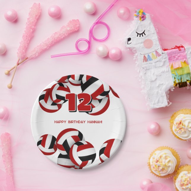 red black volleyballs kids birthday party paper plates (Party)