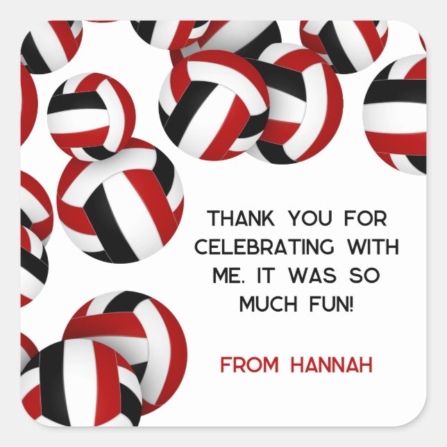 red black volleyballs kids birthday party square sticker (Front)