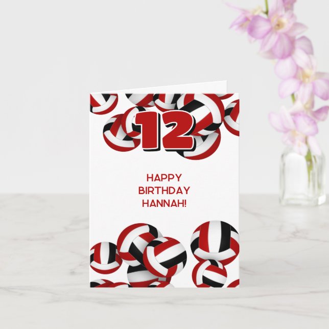 red black volleyballs kids sports happy birthday card (Orchid)