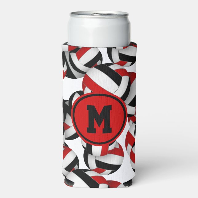 Red black volleyballs pattern w player monogram seltzer can cooler (Seltzer Front)