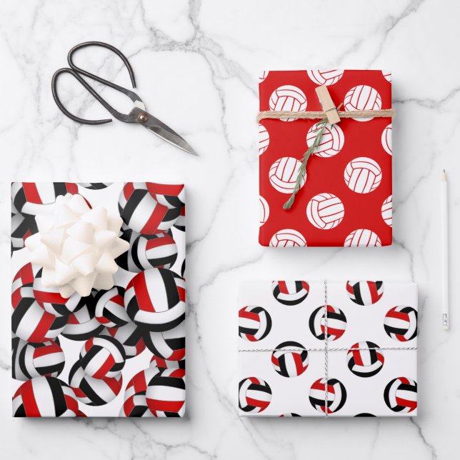 red black volleyballs team celebration birthday wrapping paper sheets (Front)