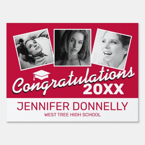 Red Black White 2022 3 Photo Graduate Sign - Personalized graduate school colors yard sign featuring a red background that can be changed to any color, 3 photos of the student, a graduation cap, and a congratulations template that is easy to personalize.